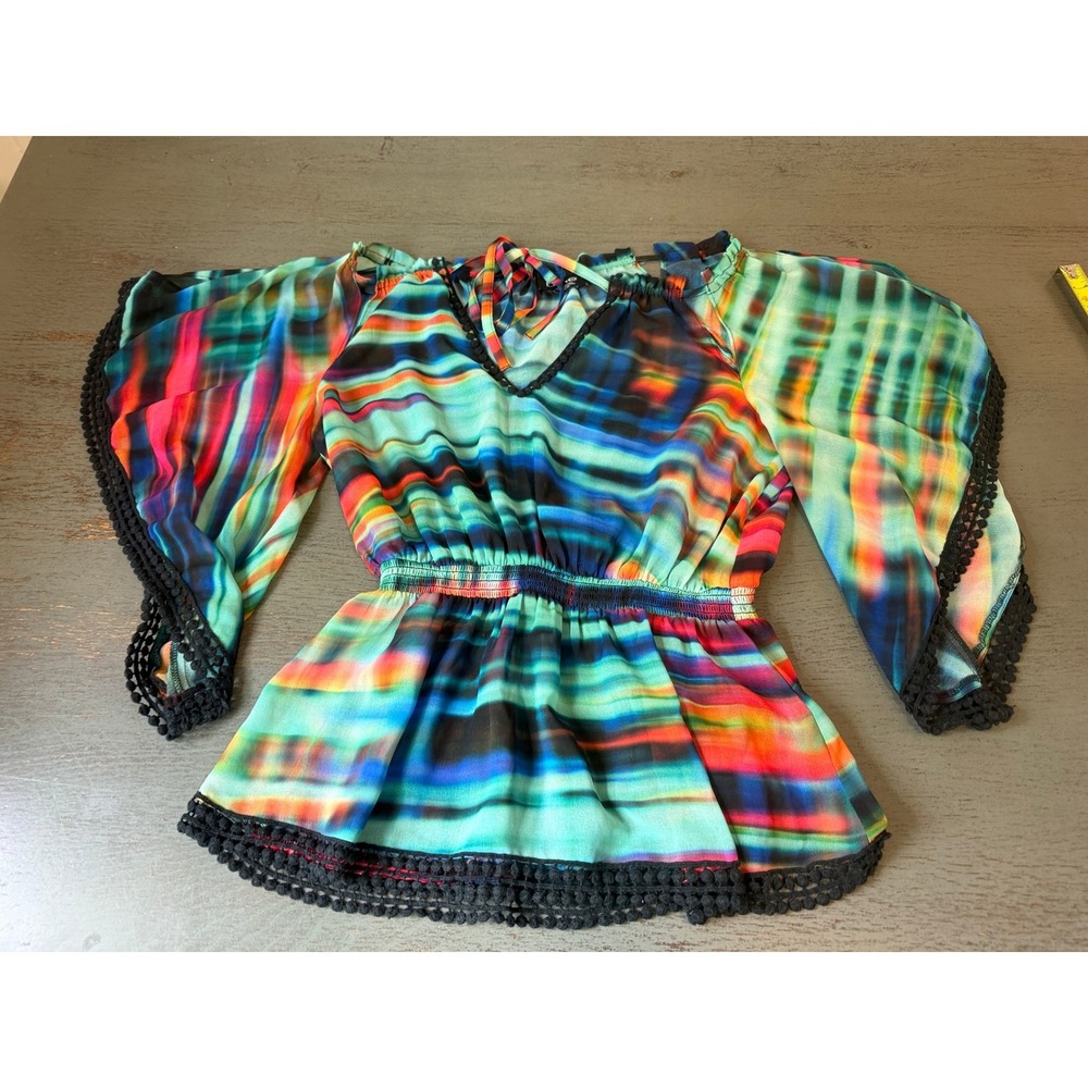 Bebe Multi Color Abstract Bell Sleeve Pom Pom Trim Smocked Waist Blouse XXS